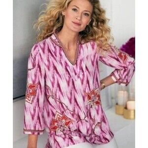 Soft Surroundings Top Women Medium Pink Beaded Floral Travel Resortwear Tunic